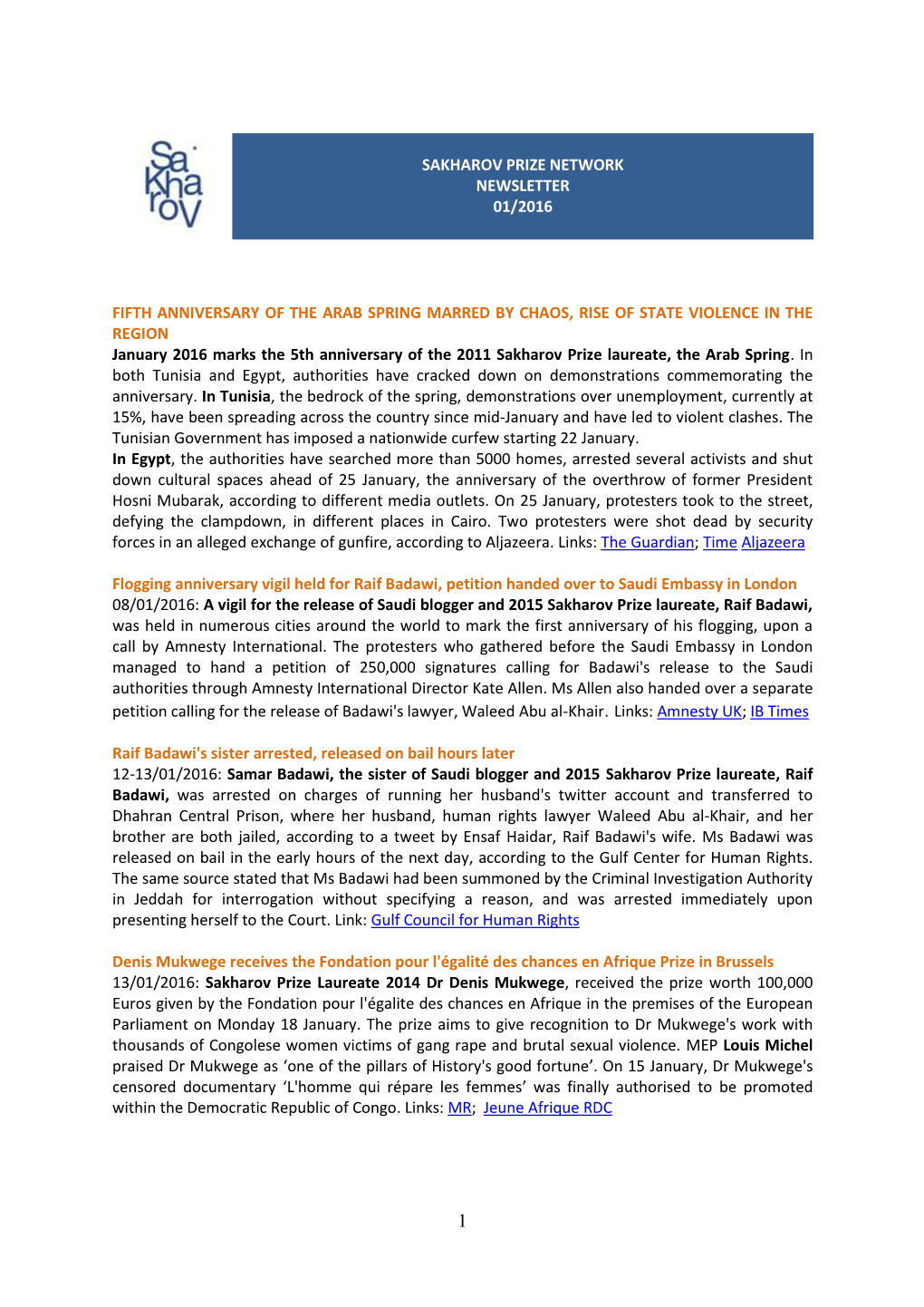 Sakharov Prize Network Newsletter 01/2016 Fifth