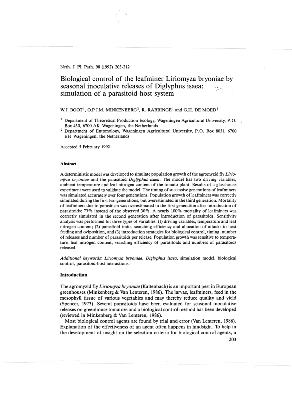 Biological Control of the Leafminer Liriomyza Bryoniae by Seasonal Inoculative Releases of Diglyphus Isaea: Simulation of a Parasitoid-Host System