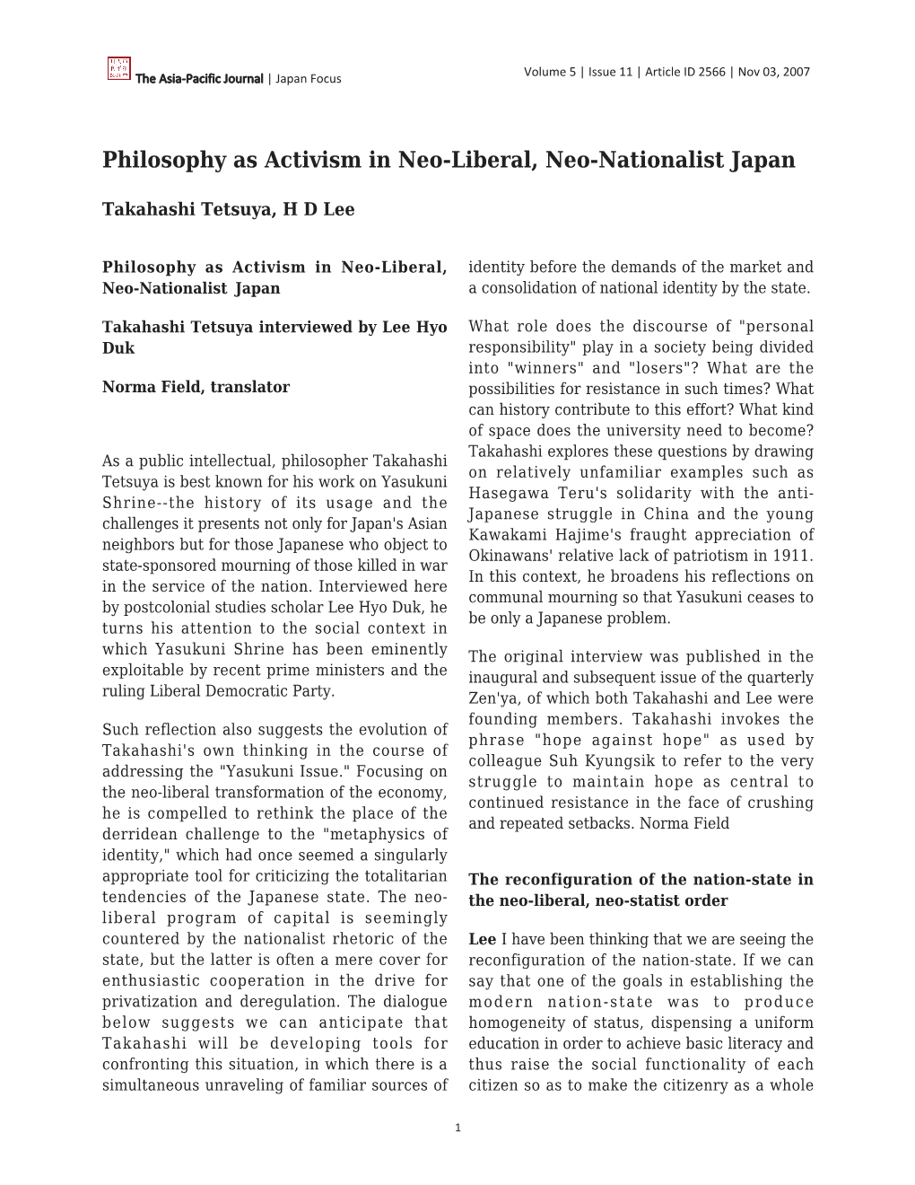 Philosophy As Activism in Neo-Liberal, Neo-Nationalist Japan