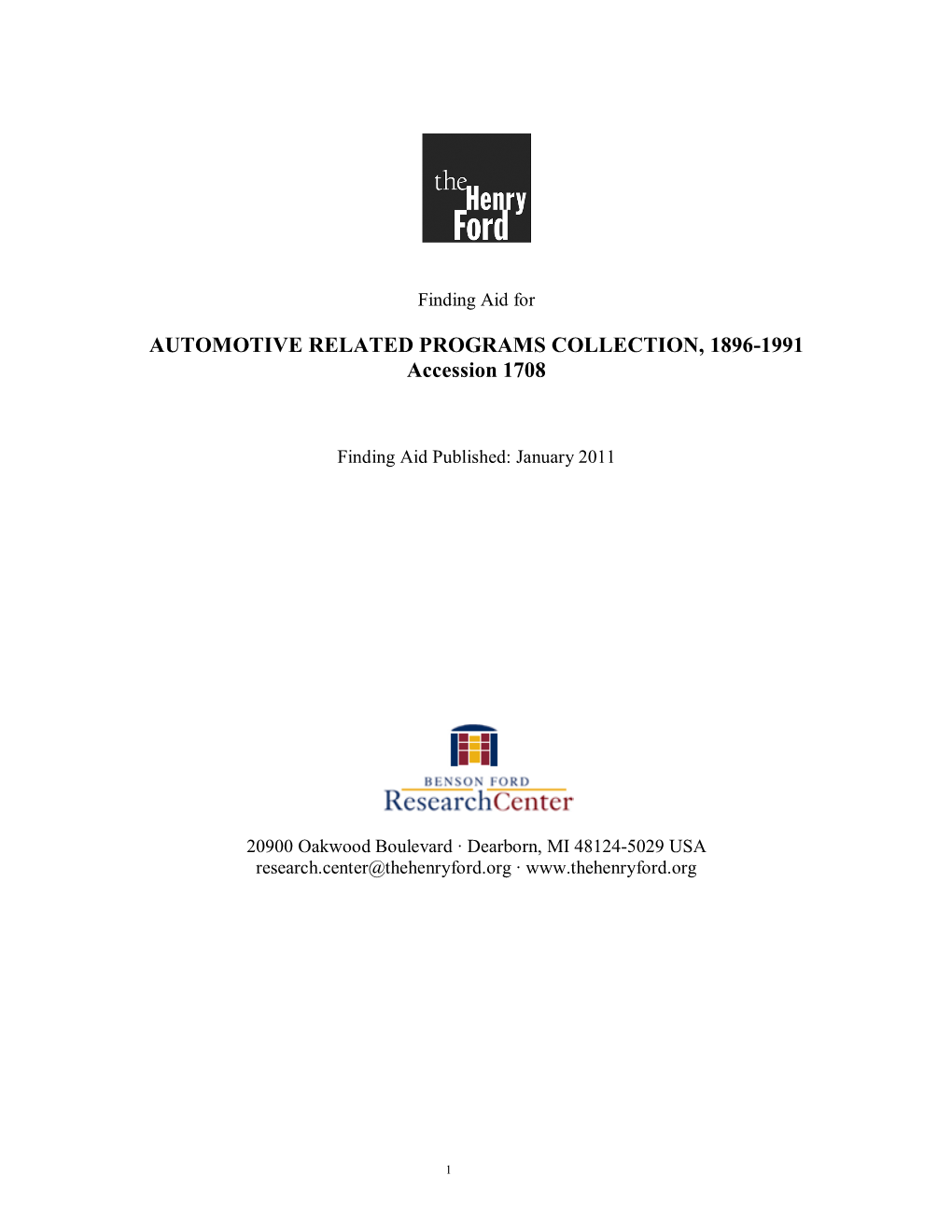 Finding Aid for the Automotive Related Programs Collection, 1896-1991