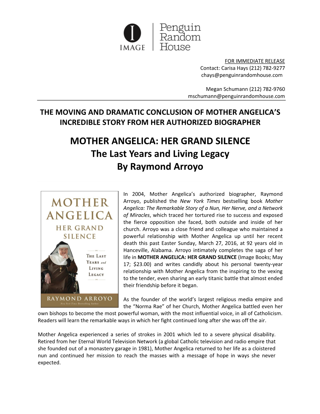 Mother Angelica Her Grand Silence Press Release