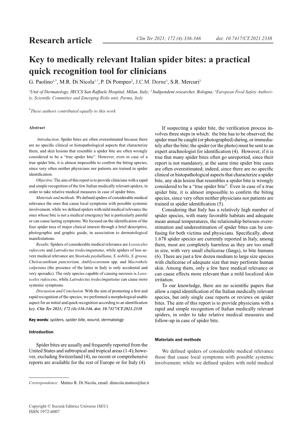 Key to Medically Relevant Italian Spider Bites: a Practical Quick Recognition Tool for Clinicians G