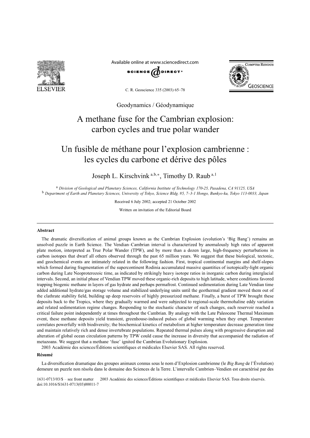 Carbon Cycles and True Polar Wander Un Fusible De Méthane Pour L