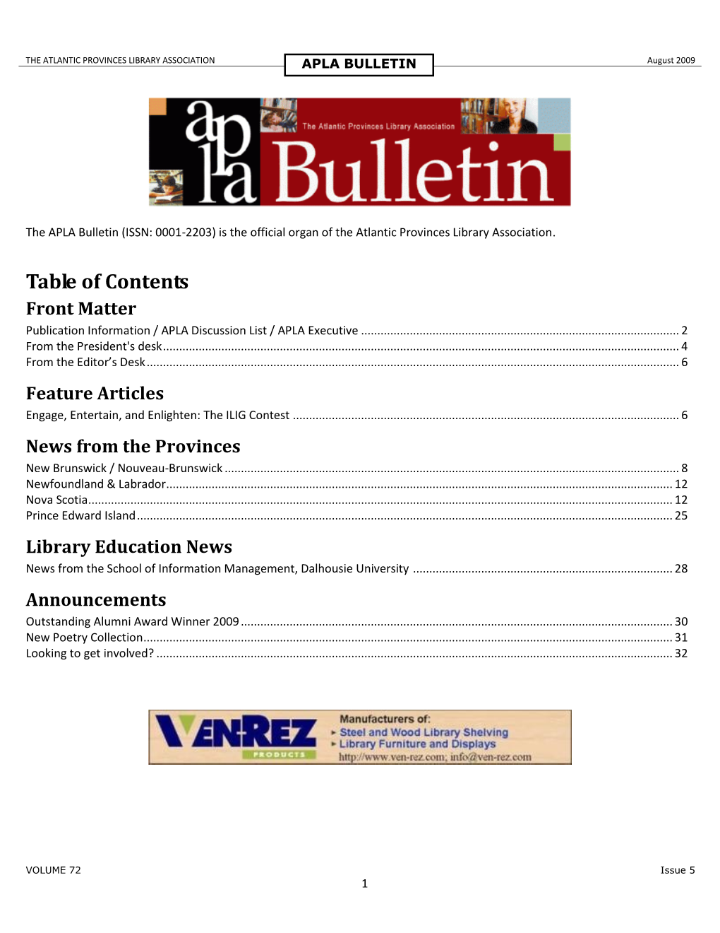 Table of Contents Front Matter Publication Information / APLA Discussion List / APLA Executive