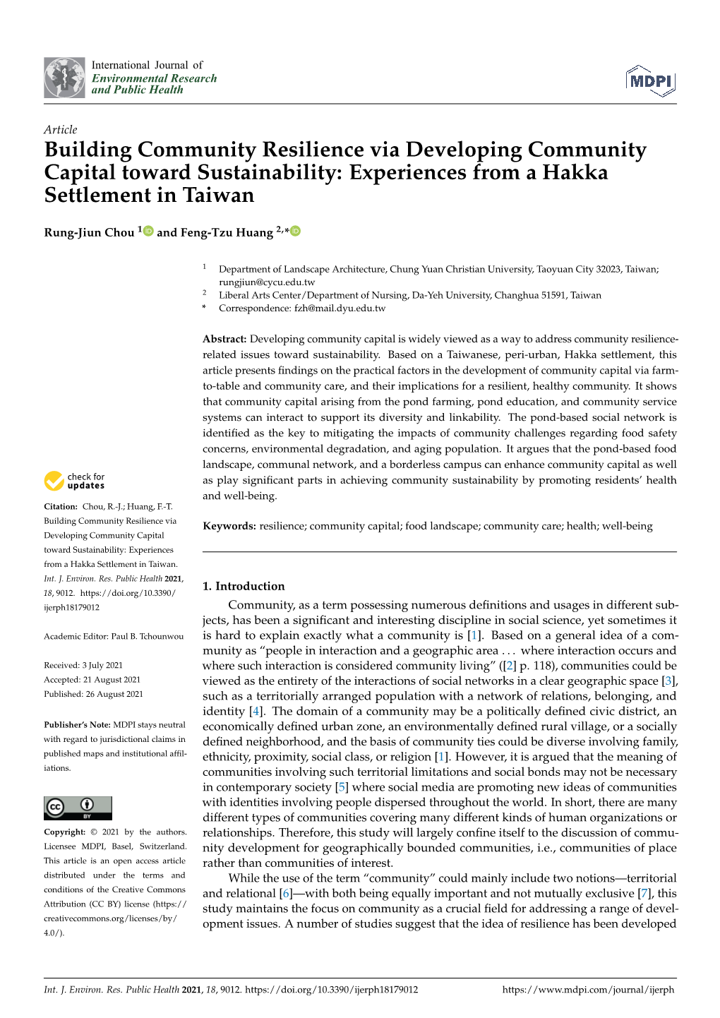 Building Community Resilience Via Developing Community Capital Toward Sustainability: Experiences from a Hakka Settlement in Taiwan