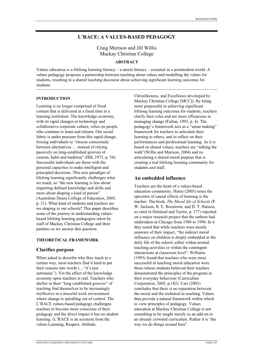 Lifelong Learning Conference June 2006 Page 233 Refereed Paper