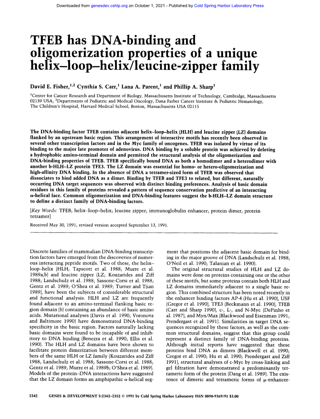 TFEB Has D NA-Binding and Oligomerization Properties of a Unique Helix-Loop-Helix/Leucine-Zipper Family