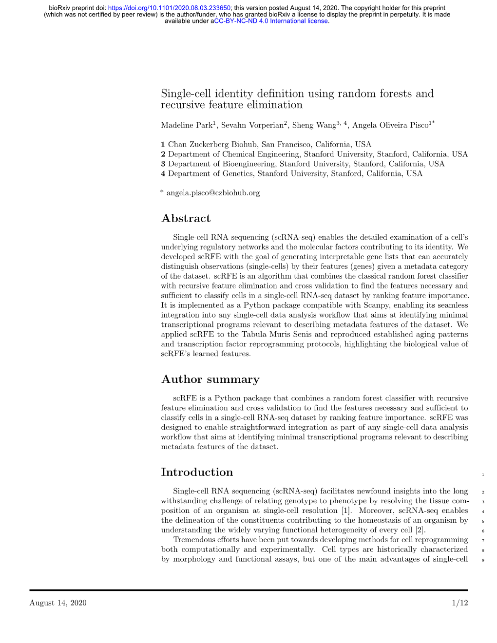 Single-Cell Identity Definition Using Random Forests and Recursive Feature Elimination