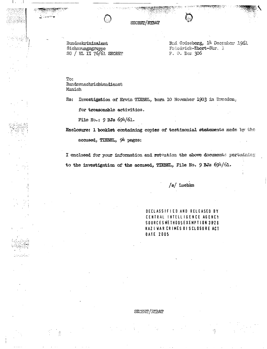 Bundeskriminalamt Bzd Godeoberg„ 14 Deccmlicr 1961