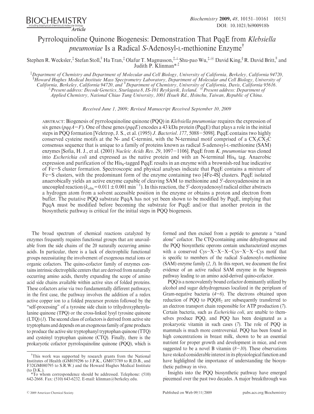 Demonstration That Pqqe from Klebsiella Pneumoniae Is a Radical