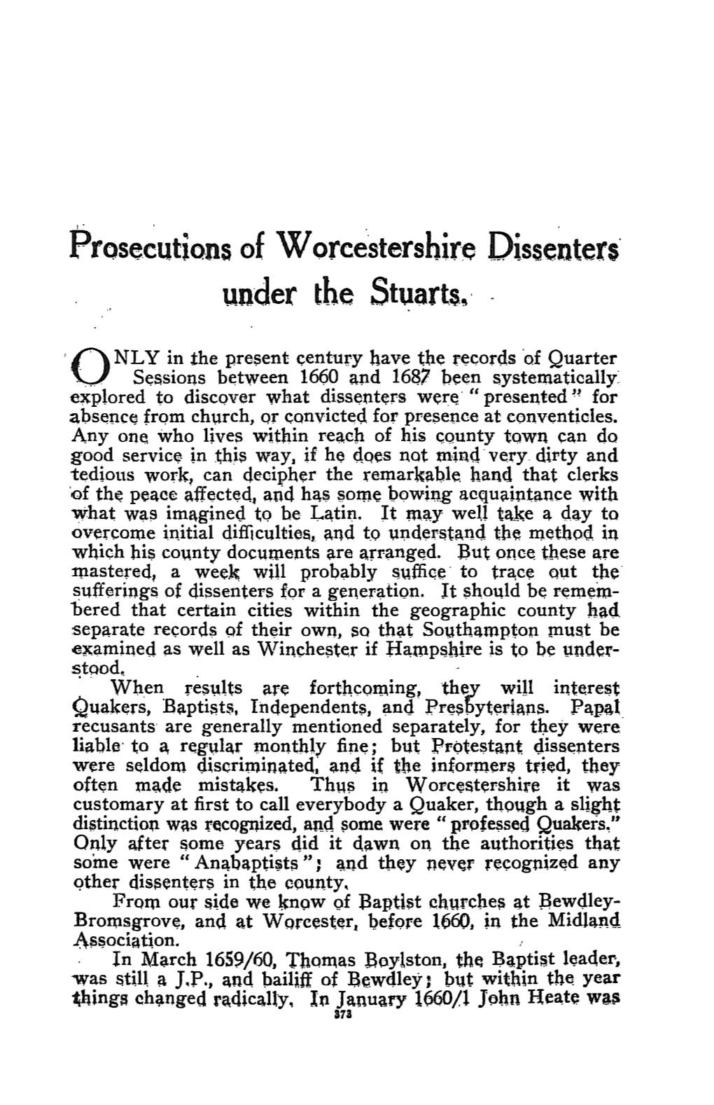 Prosecutions of Worcestershire Dissenters' Under the Stuart$~'