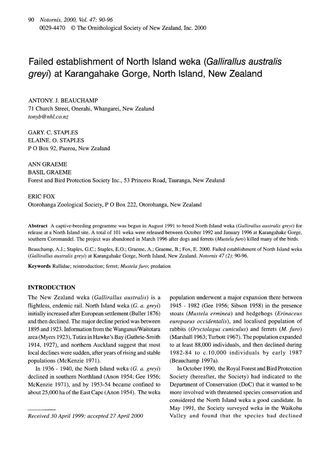 Failed Establishment of North Island Weka (Gallirallus Australis Grey11 at Karangahake Gorge, North Island, New Zealand