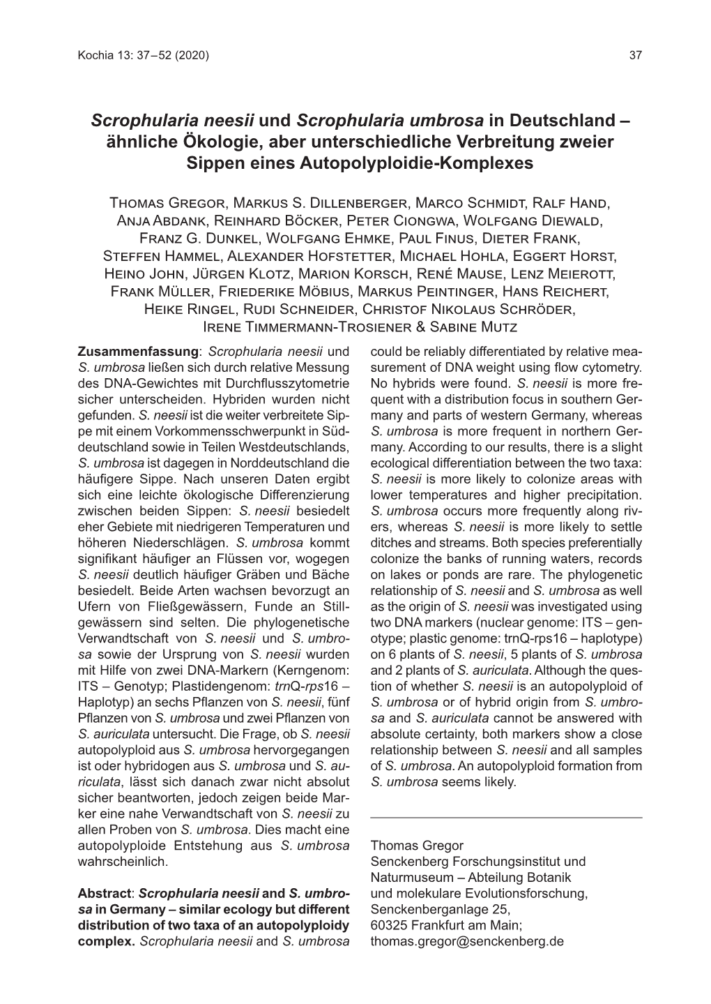 Scrophularia Neesii Und Scrophularia Umbrosa in Deutschland – Ähnliche Ökologie, Aber Unterschiedliche Verbreitung Zweier Sippen Eines Autopolyploidie-Komplexes
