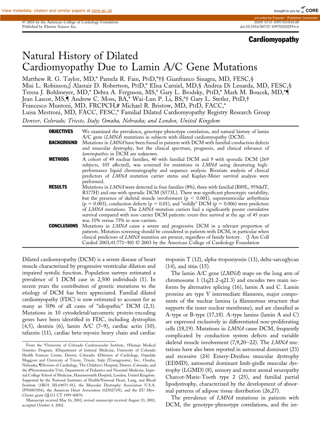Natural History of Dilated Cardiomyopathy Due to Lamin A/C Gene Mutations Matthew R