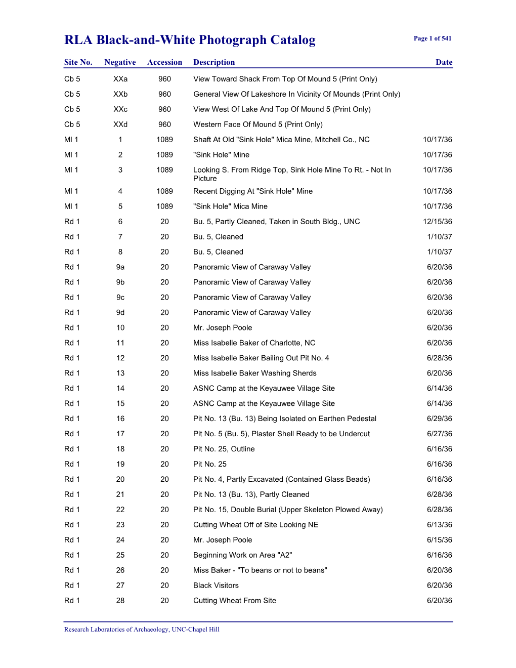 RLA Black-And-White Photograph Catalog Page 1 of 541