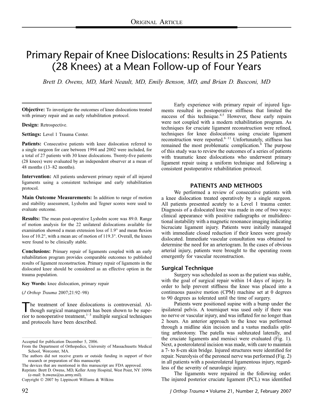 Primary Repair of Knee Dislocations: Results in 25 Patients (28 Knees) at a Mean Follow-Up of Four Years Brett D