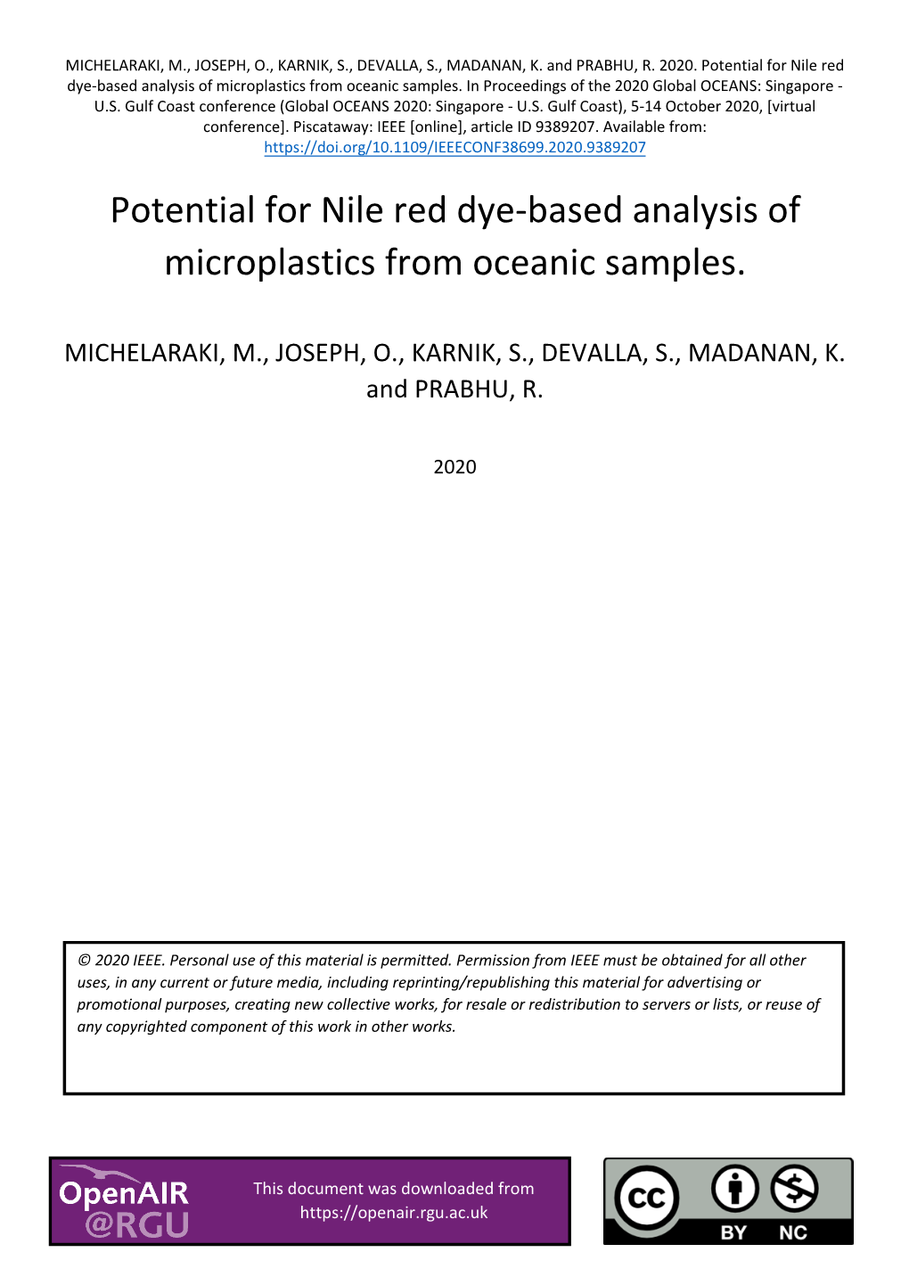 Potential for Nile Red Dye-Based Analysis of Microplastics from Oceanic Samples