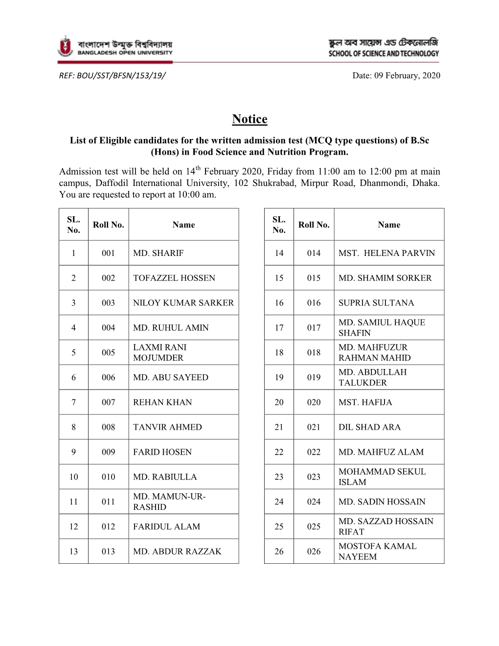 Notice List of Eligible Candidates for the Written Admission Test (MCQ Type Questions) of B.Sc (Hons) in Food Science and Nutrition Program