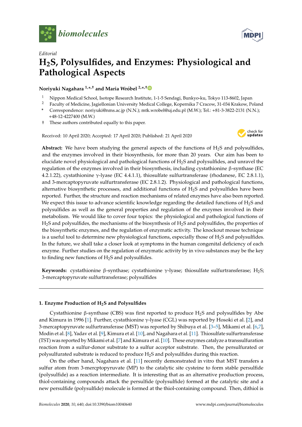 H2S, Polysulfides, and Enzymes: Physiological and Pathological