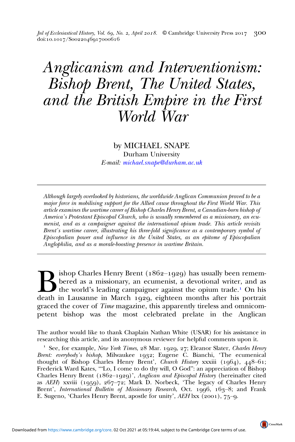 Anglicanism and Interventionism: Bishop Brent, the United States, and the British Empire in the First World War