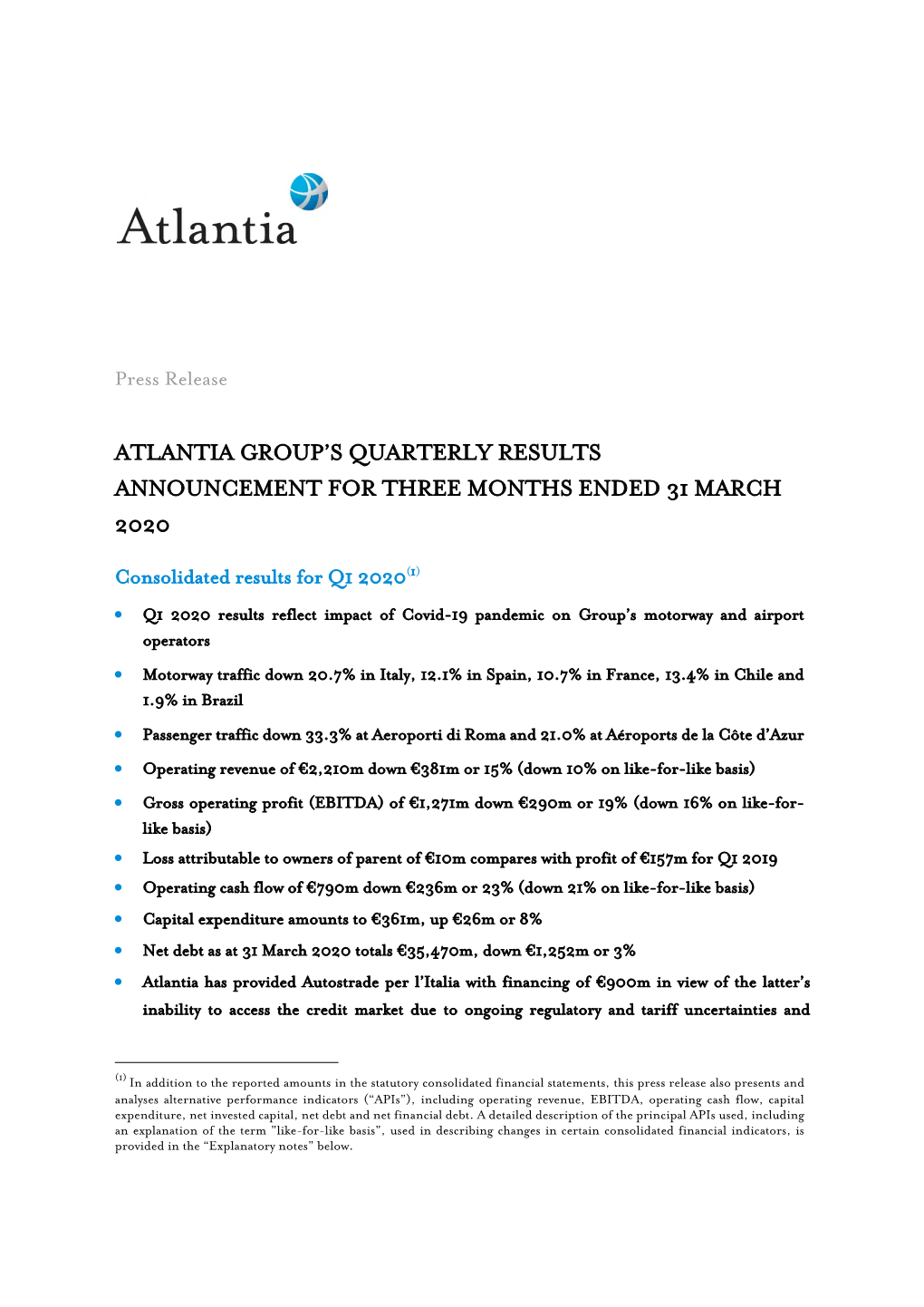 Atlantia Group's Quarterly Results Announcement For