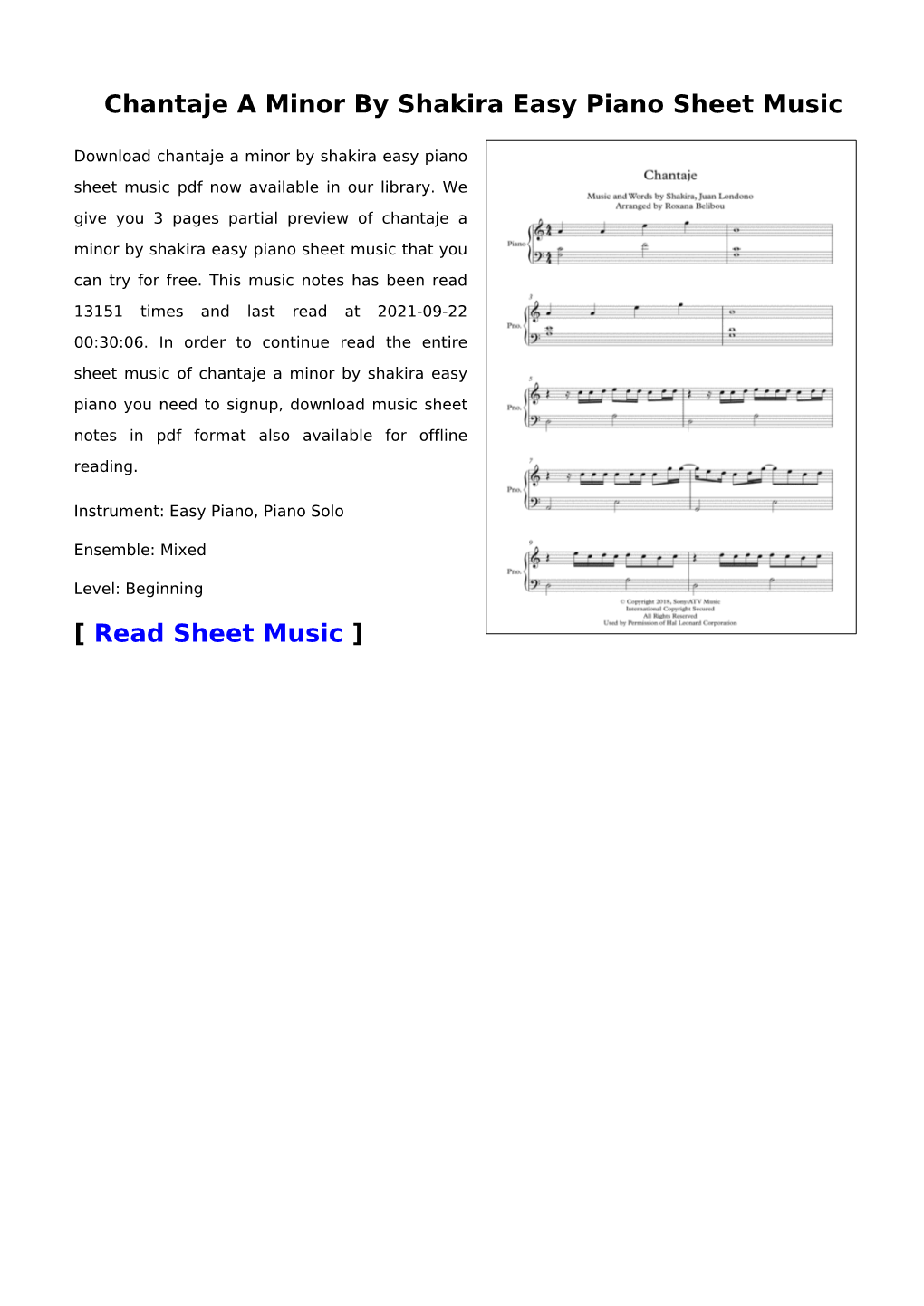 Chantaje a Minor by Shakira Easy Piano Sheet Music