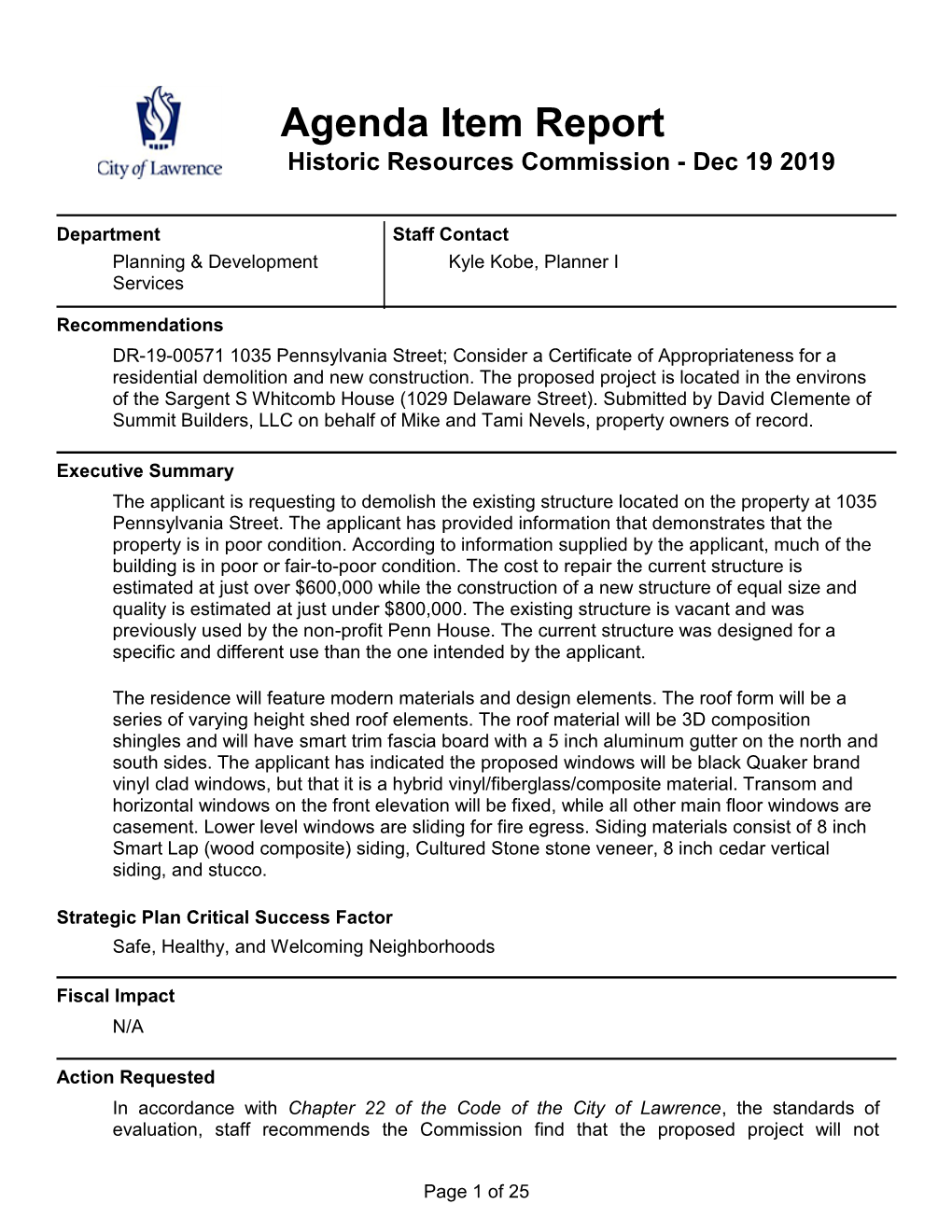 DR-19-00571 1035 Pennsylvania Street; Consider a Certificate of Appropriateness for a Residential Demolition and New Construction