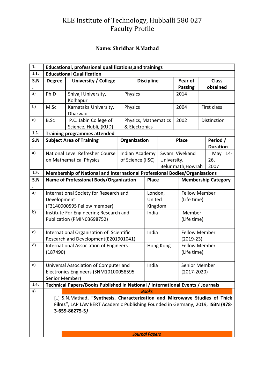 KLE Institute of Technology, Hubballi 580 027 Faculty Profile