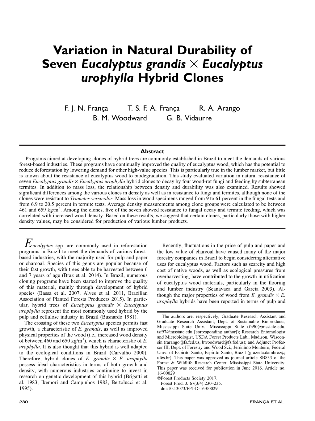 Variation in Natural Durability of Seven Eucalyptus Grandis 3 Eucalyptus Urophylla Hybrid Clones