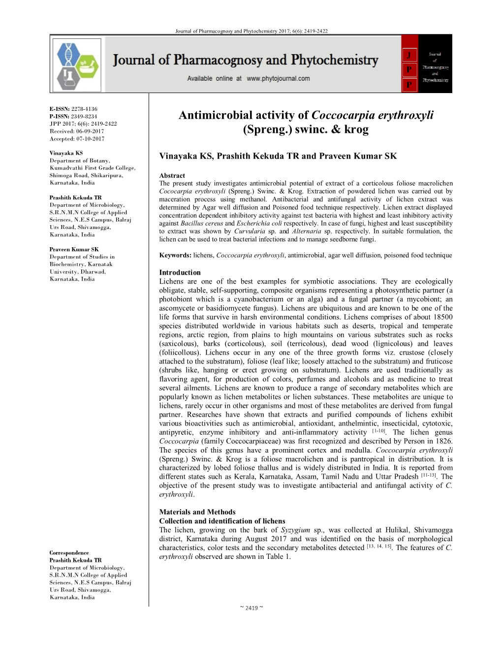 Antimicrobial Activity of Coccocarpia Erythroxyli (Spreng.) Swinc. & Krog