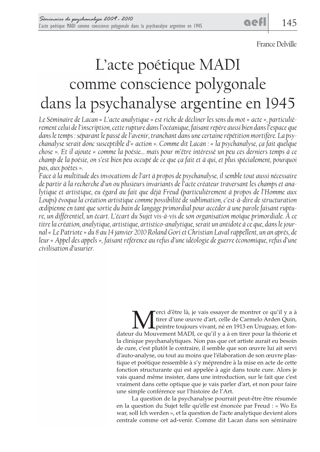 L'acte Poétique MADI Comme Conscience Polygonale Dans La Psychanalyse Argentine En 1945