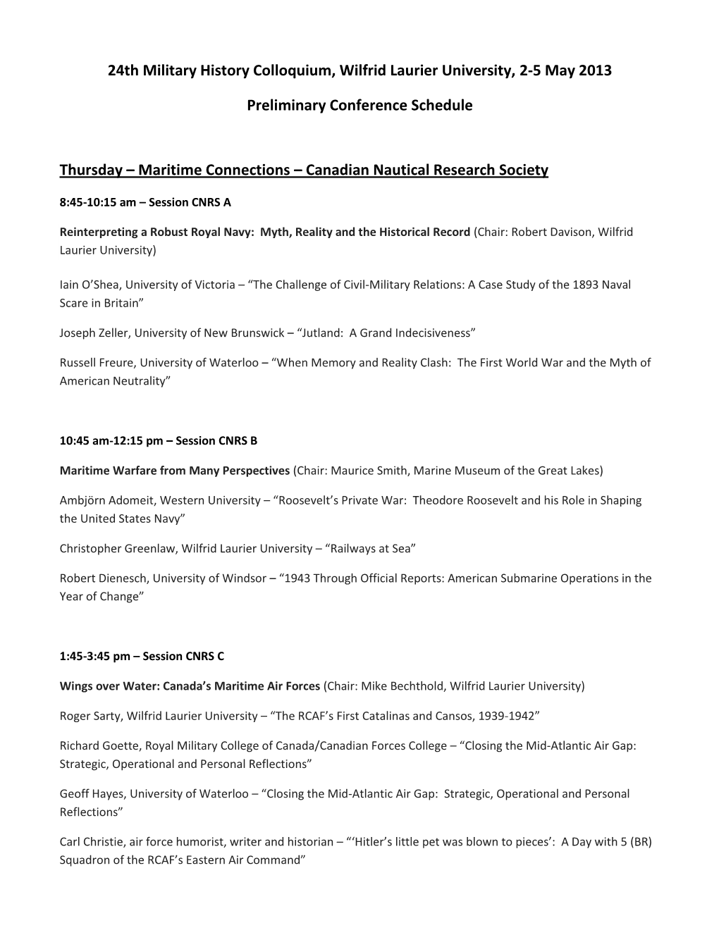 24Th Military History Colloquium, Wilfrid Laurier University, 2-5 May 2013