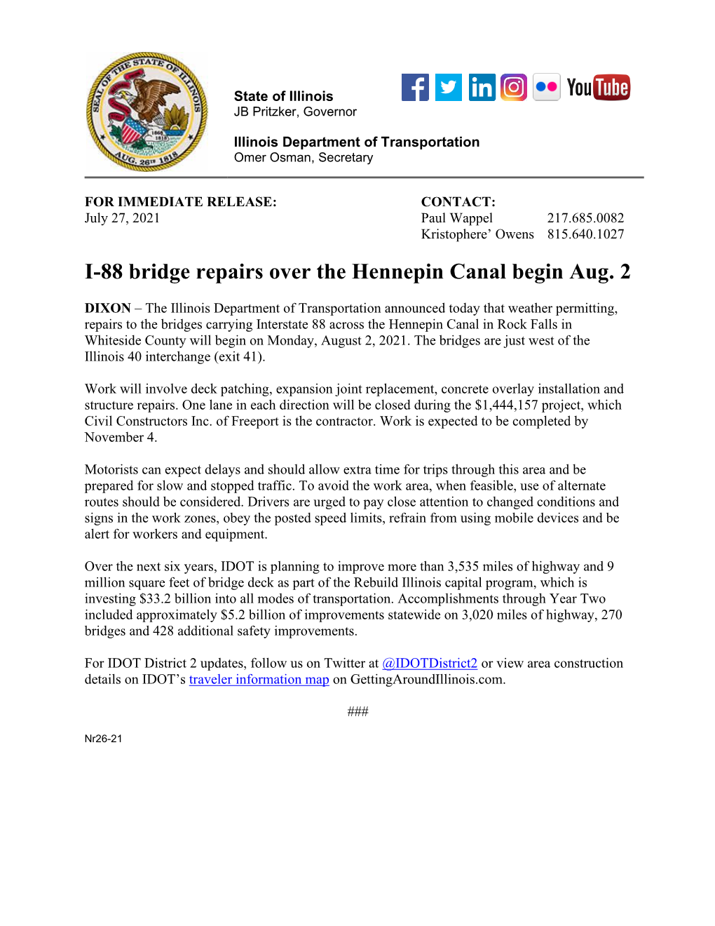 I-88 Bridge Repairs Over the Hennepin Canal Begin Aug. 2