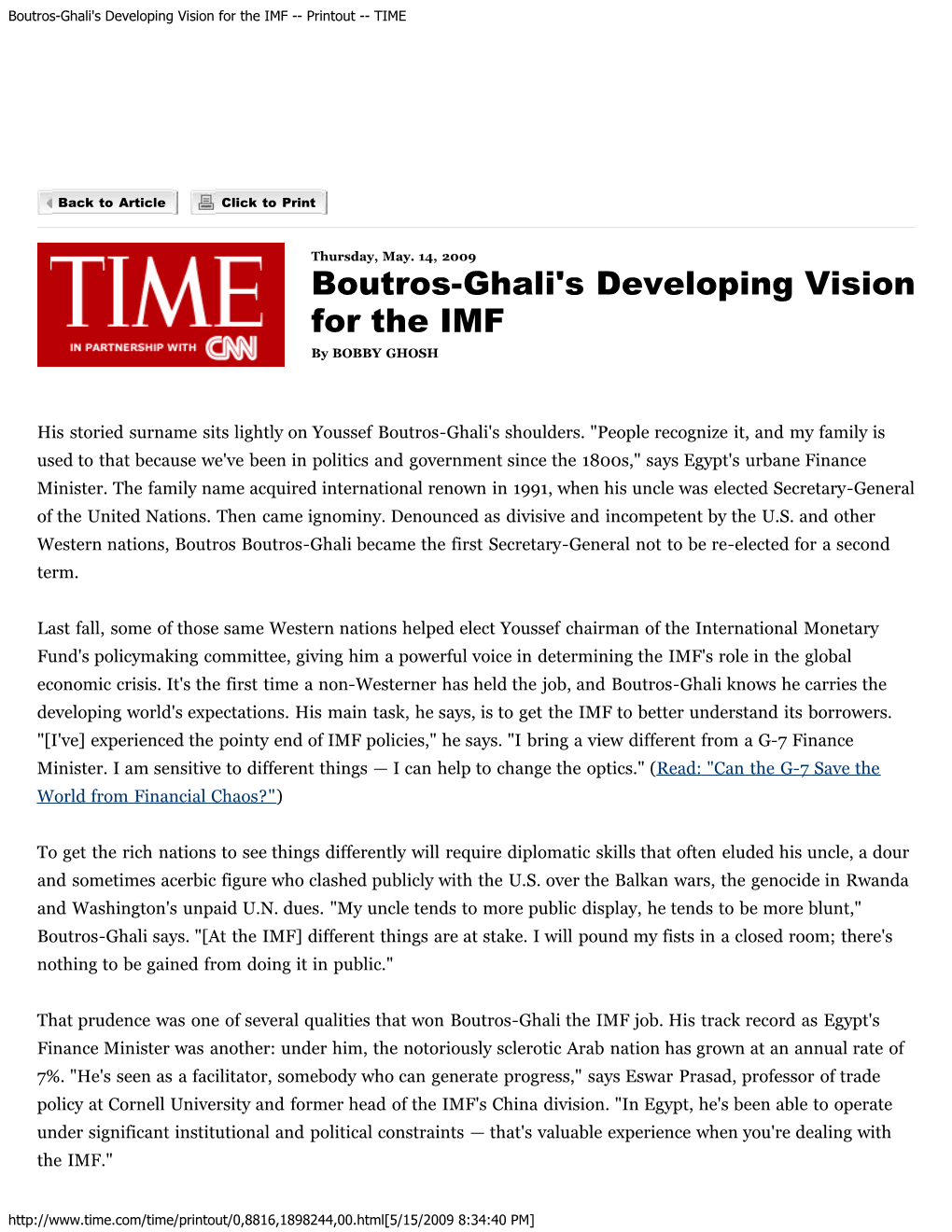 Boutros-Ghali's Developing Vision for the IMF -- Printout -- TIME