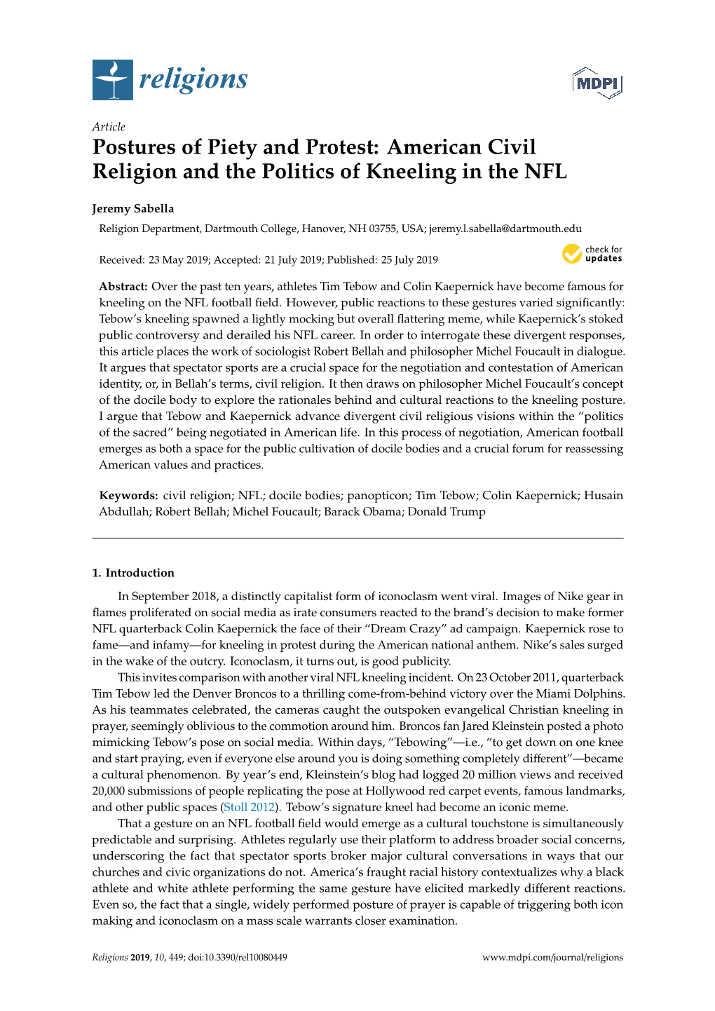 Postures of Piety and Protest: American Civil Religion and the Politics of Kneeling in the NFL