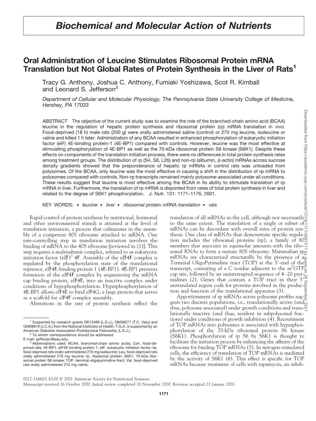 Oral Administration of Leucine Stimulates Ribosomal Protein Mrna Translation but Not Global Rates of Protein Synthesis in the Liver of Rats1 Tracy G