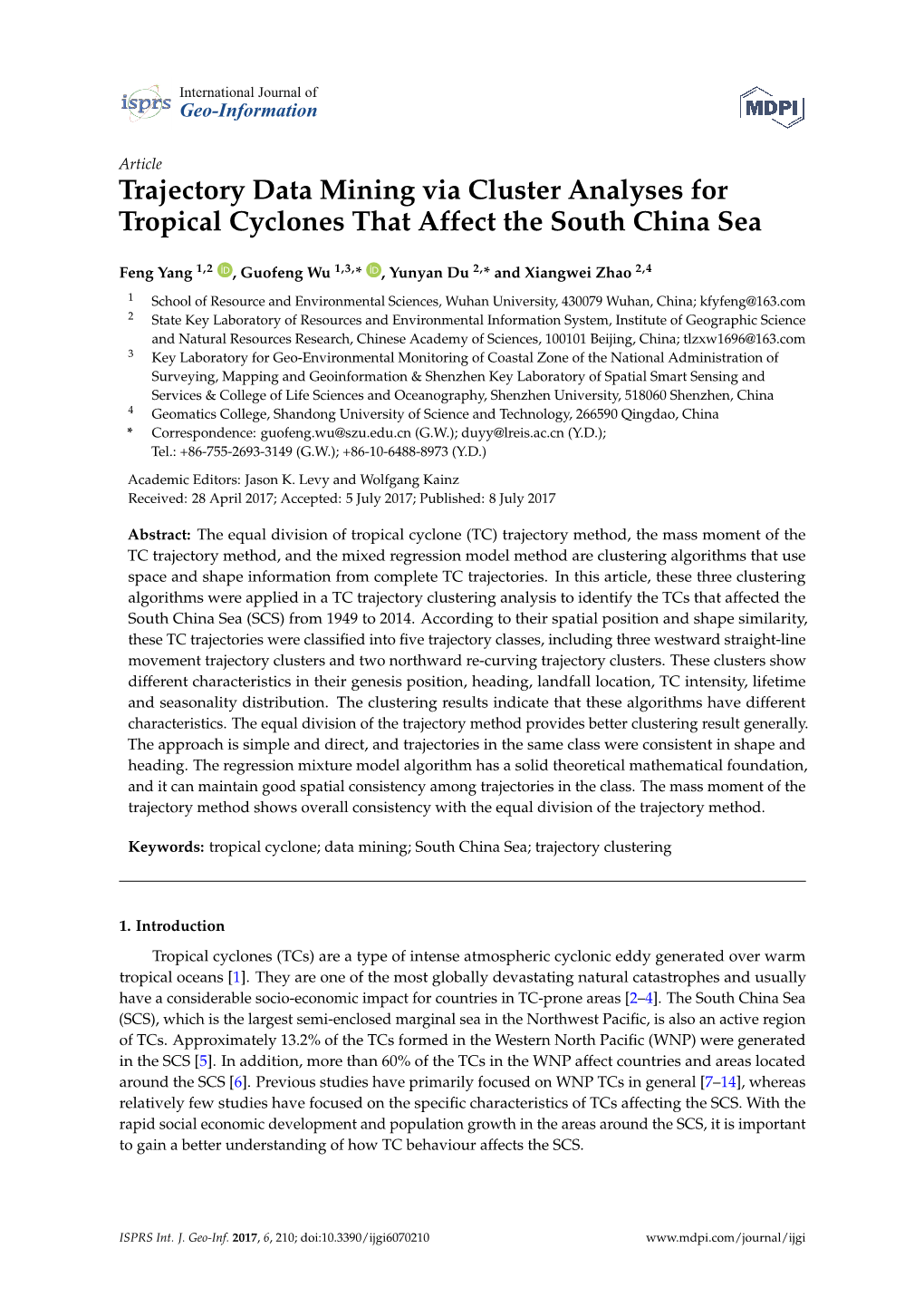 Trajectory Data Mining Via Cluster Analyses for Tropical Cyclones That Affect the South China Sea