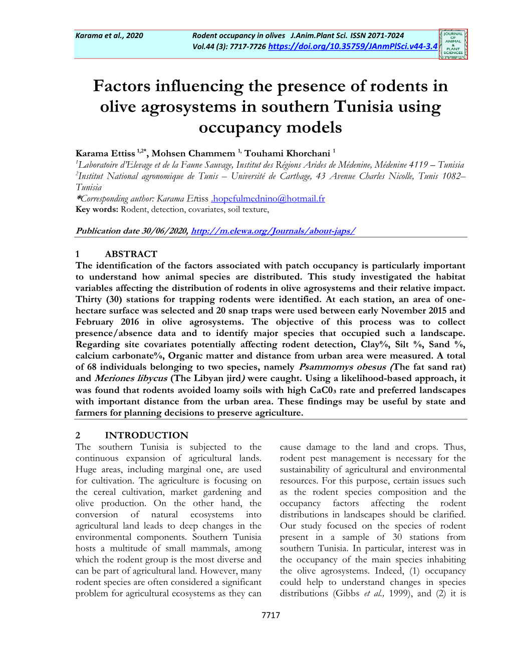 Factors Influencing the Presence of Rodents in Olive Agrosystems in Southern Tunisia Using Occupancy Models