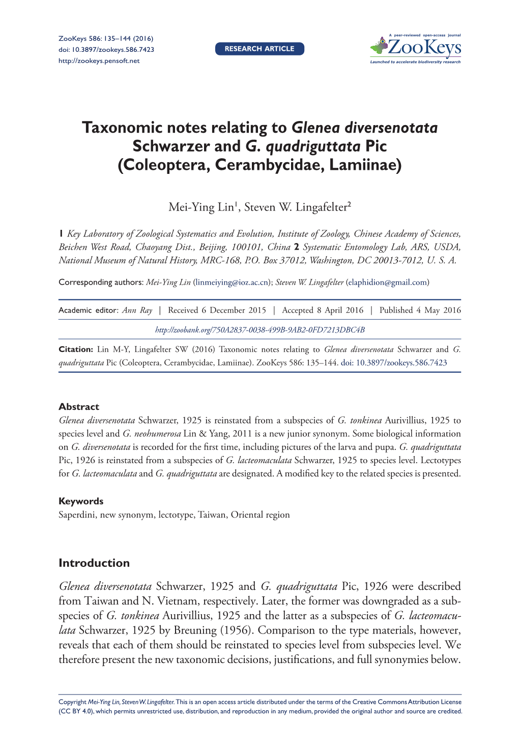 ﻿Taxonomic Notes Relating to Glenea Diversenotata Schwarzer and G