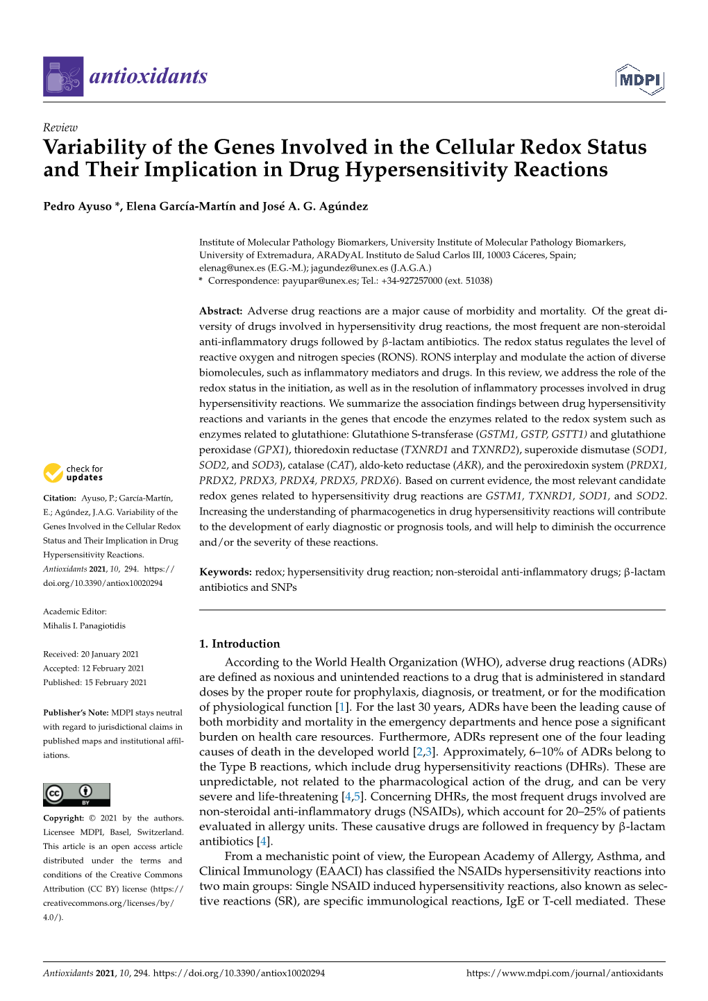 Variability of the Genes Involved in the Cellular Redox Status and Their Implication in Drug Hypersensitivity Reactions