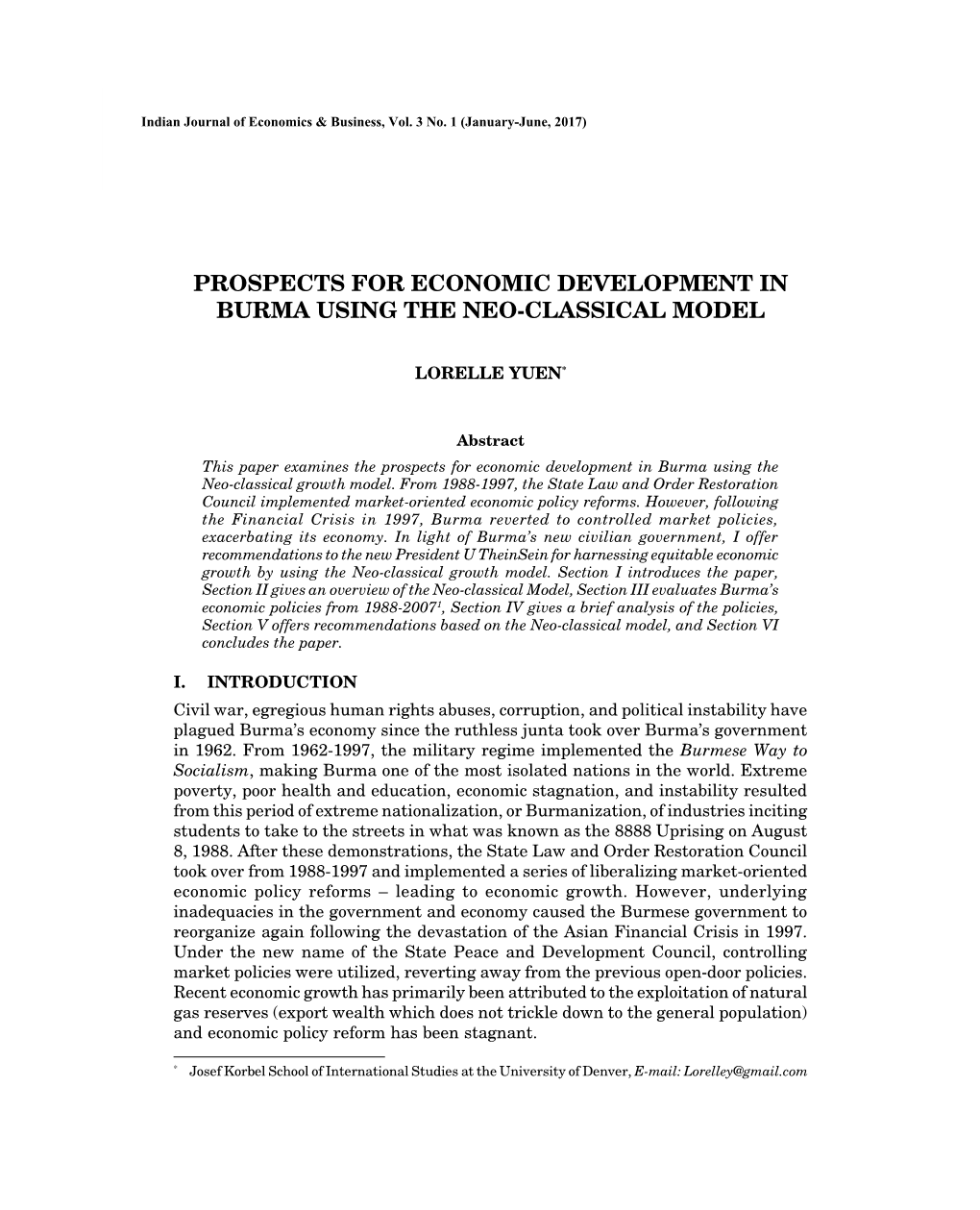 Prospects for Economic Development in Burma Using the Neo-Classical Model