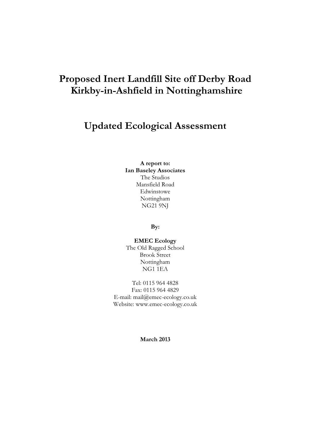 Proposed Inert Landfill Site Off Derby Road Kirkby-In-Ashfield in Nottinghamshire