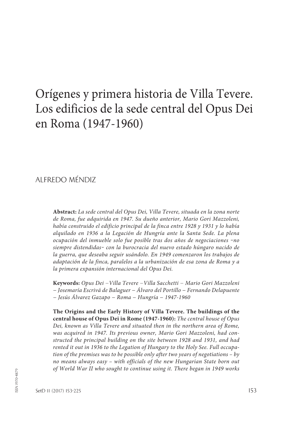 Orígenes Y Primera Historia De Villa Tevere. Los Edificios De La Sede Central Del Opus Dei En Roma (1947-1960)