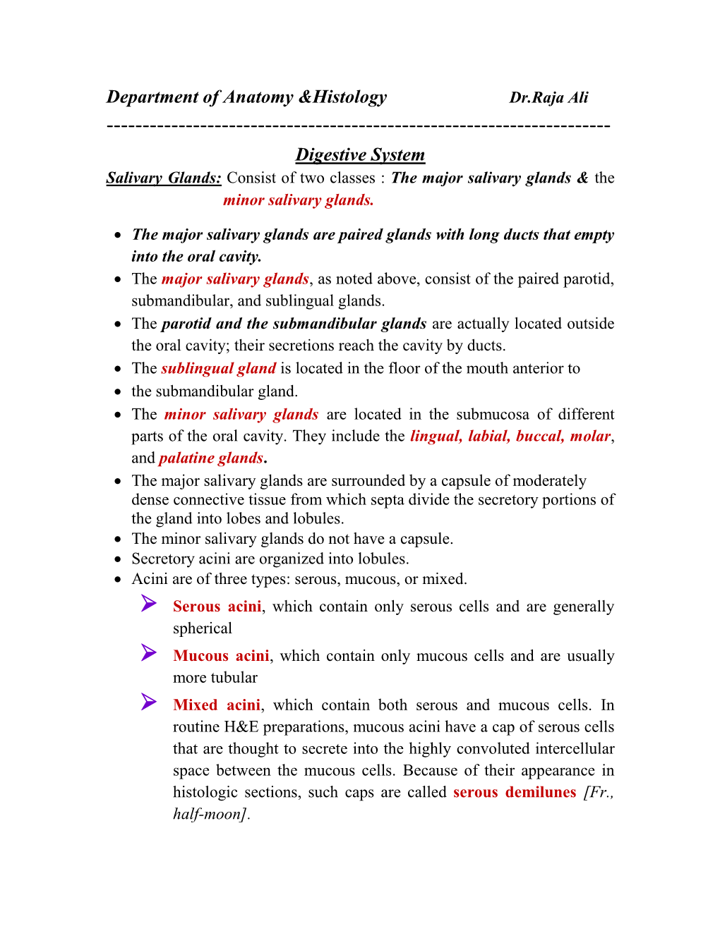 Department of Anatomy &Histology Digestive System