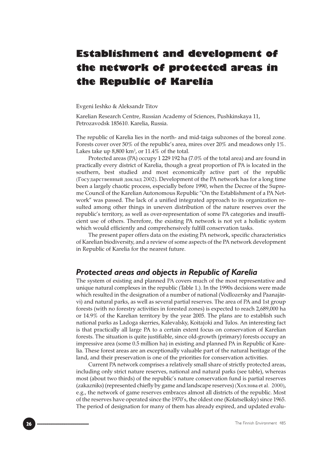 Establishment and Development of the Network of Protected Areas in the Republic of Karelia
