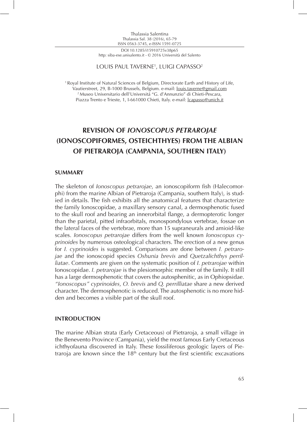 Revision of Ionoscopus Petrarojae (Ionoscopiformes, Osteichthyes) from the Albian of Pietraroja (Campania, Southern Italy)