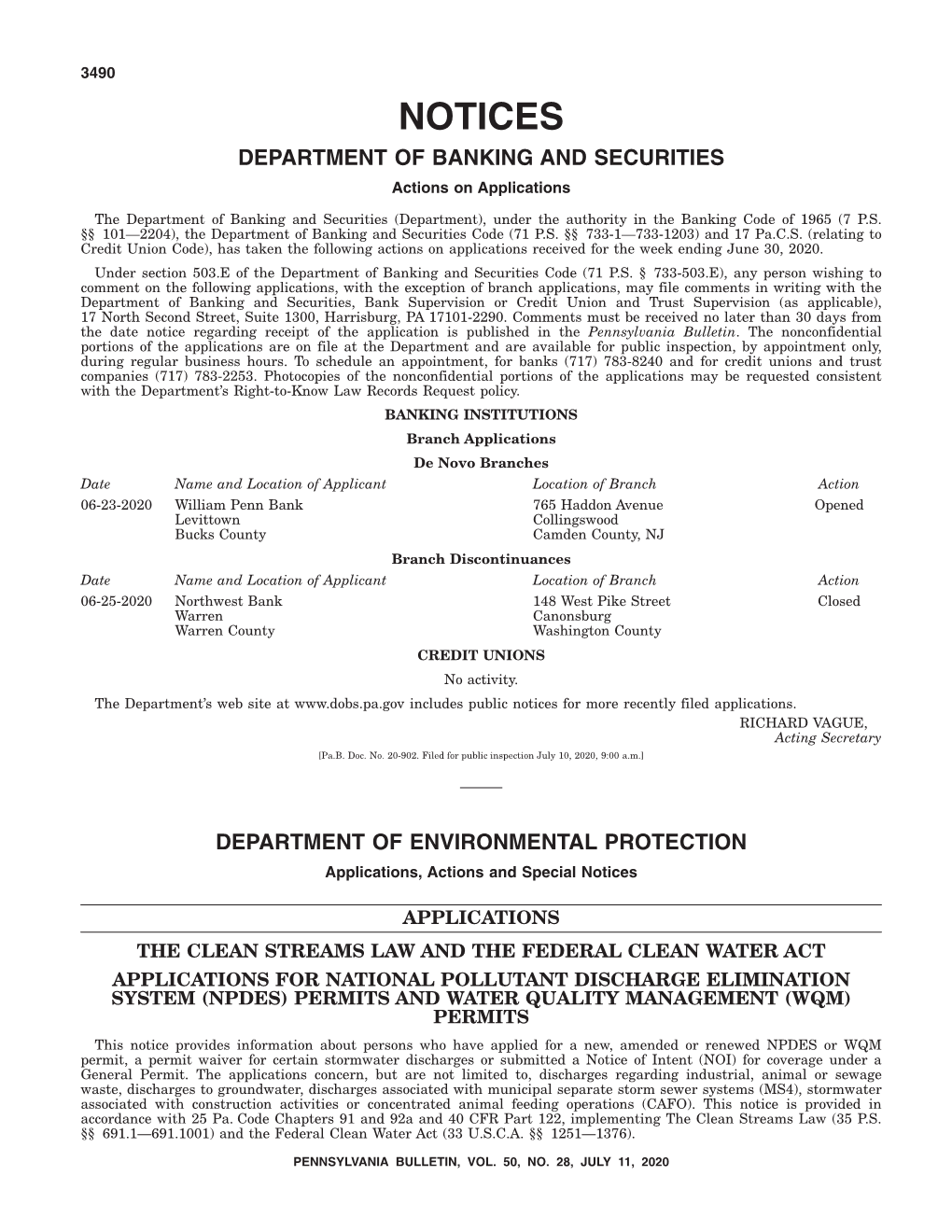 NOTICES DEPARTMENT of BANKING and SECURITIES Actions on Applications