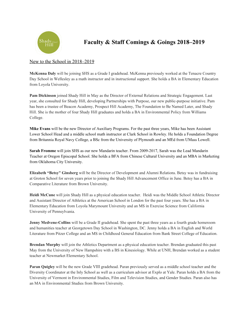 Faculty & Staff Comings & Goings 2018–2019