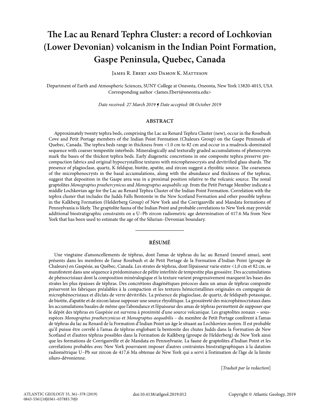 The Lac Au Renard Tephra Cluster: a Record of Lochkovian (Lower Devonian) Volcanism in the Indian Point Formation, Gaspe Peninsula, Quebec, Canada