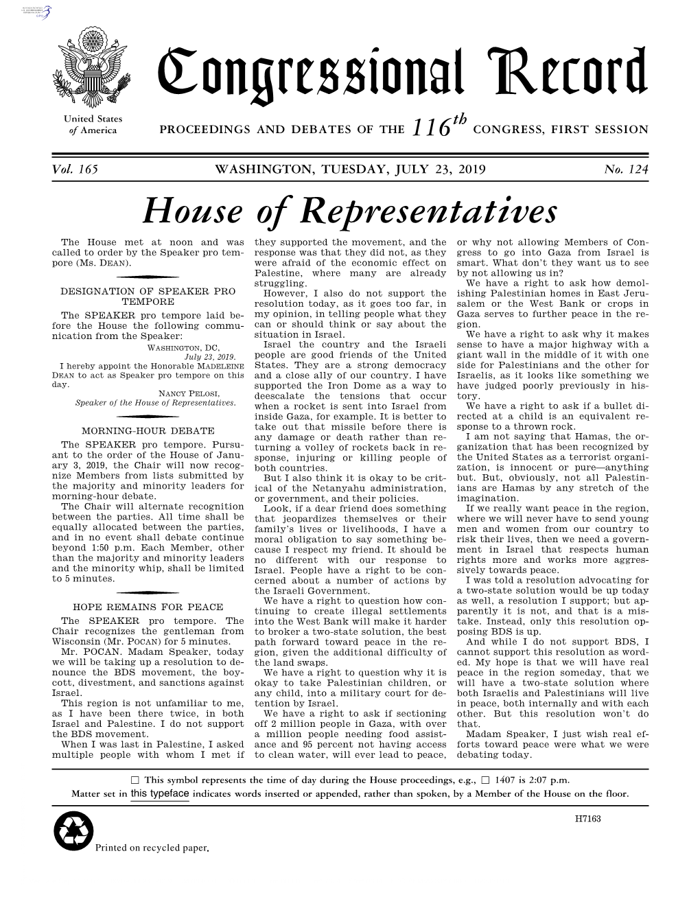 Congressional Record United States Th of America PROCEEDINGS and DEBATES of the 116 CONGRESS, FIRST SESSION